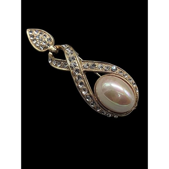 Designer High End Brooch Irridescent Glossy Faux Mabe Pearl Rhinestones Vintage - Picture 7 of 9
